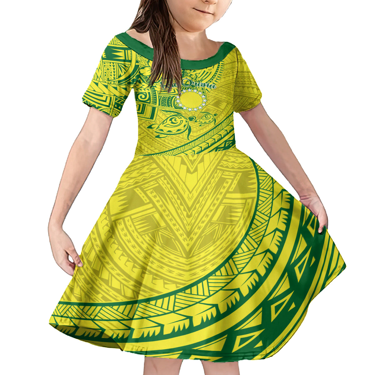Kia Orana Cook Islands Family Matching Long Sleeve Bodycon Dress and Hawaiian Shirt Turtle Yellow Green Polynesian Pattern LT01 Daughter's Dress Green - Polynesian Pride