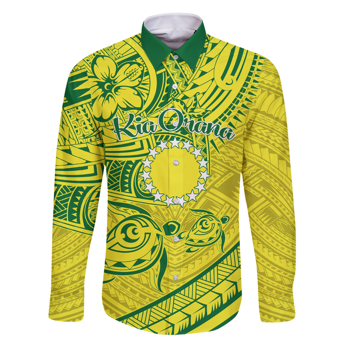 Kia Orana Cook Islands Family Matching Puletasi Dress and Hawaiian Shirt Turtle Yellow Green Polynesian Pattern LT01 Dad's Shirt - Long Sleeve Green - Polynesian Pride