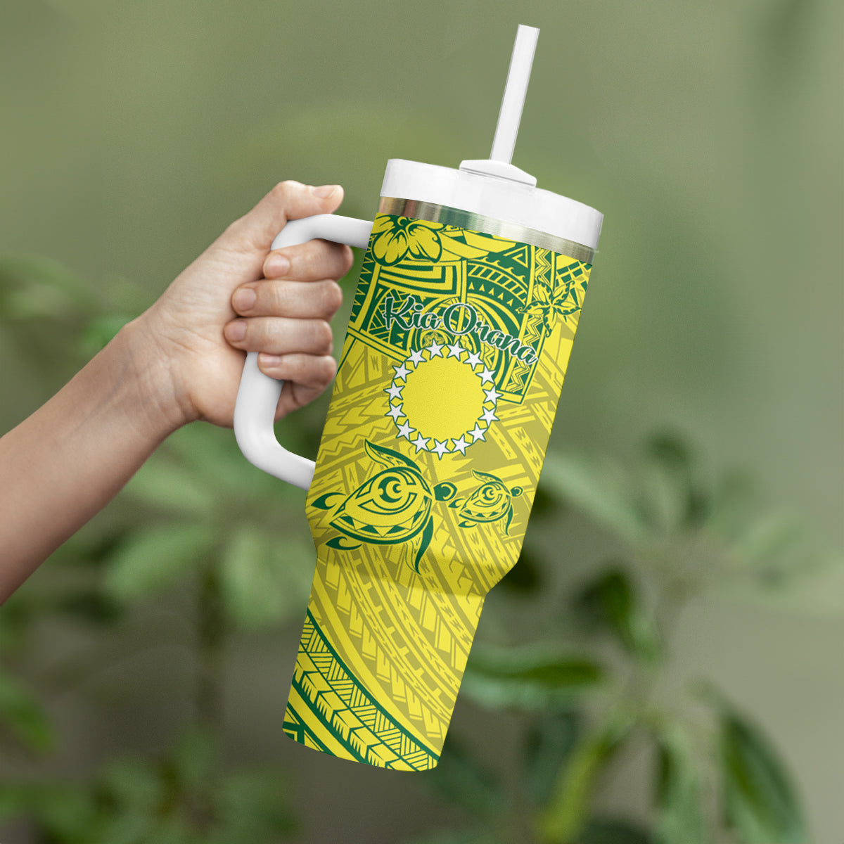 Kia Orana Cook Islands Tumbler With Handle Turtle Yellow Green Polynesian Pattern