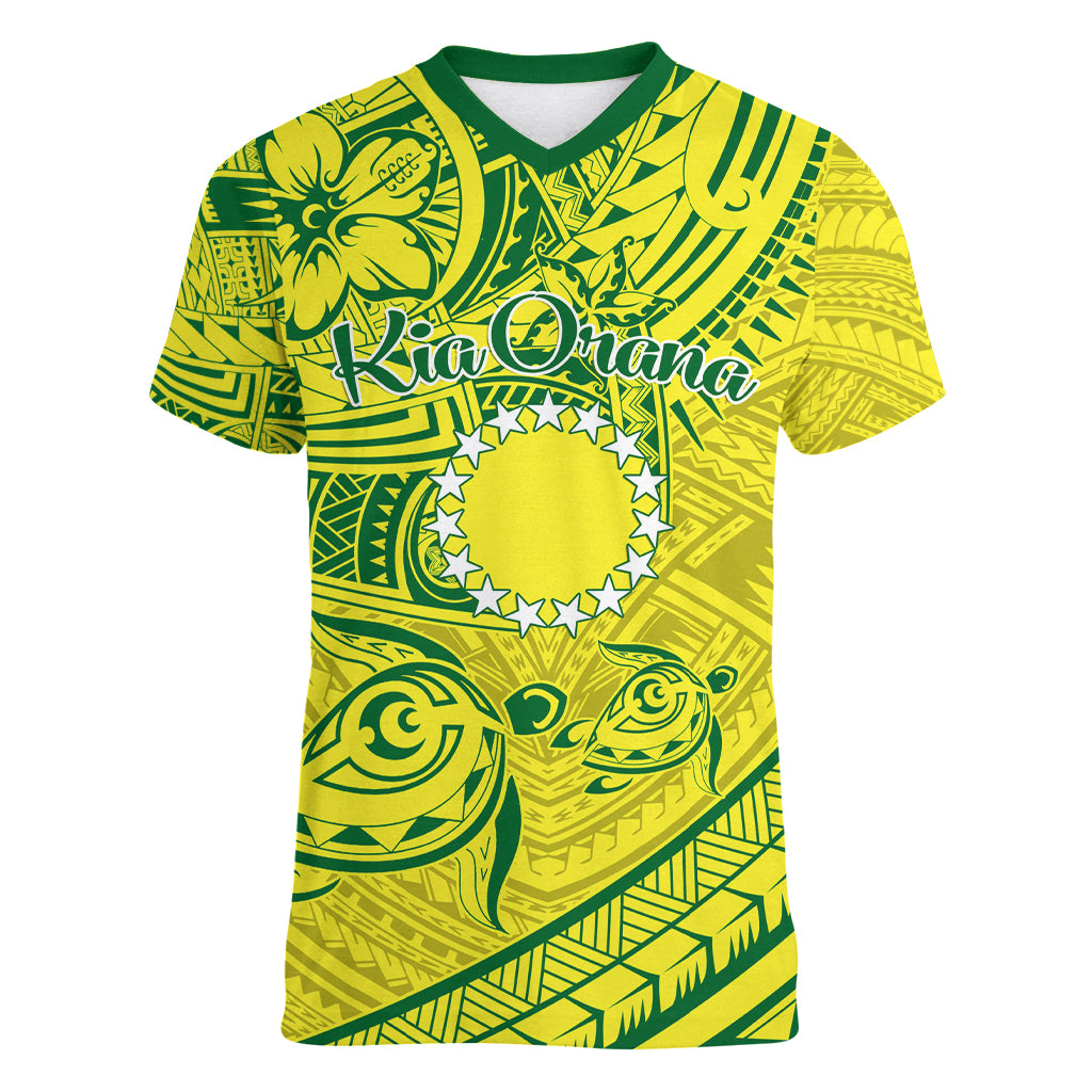 Kia Orana Cook Islands Women V Neck T Shirt Turtle Yellow Green Polynesian Pattern LT01 Female Green - Polynesian Pride