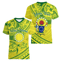 Kia Orana Cook Islands Women V Neck T Shirt Turtle Yellow Green Polynesian Pattern LT01 - Polynesian Pride