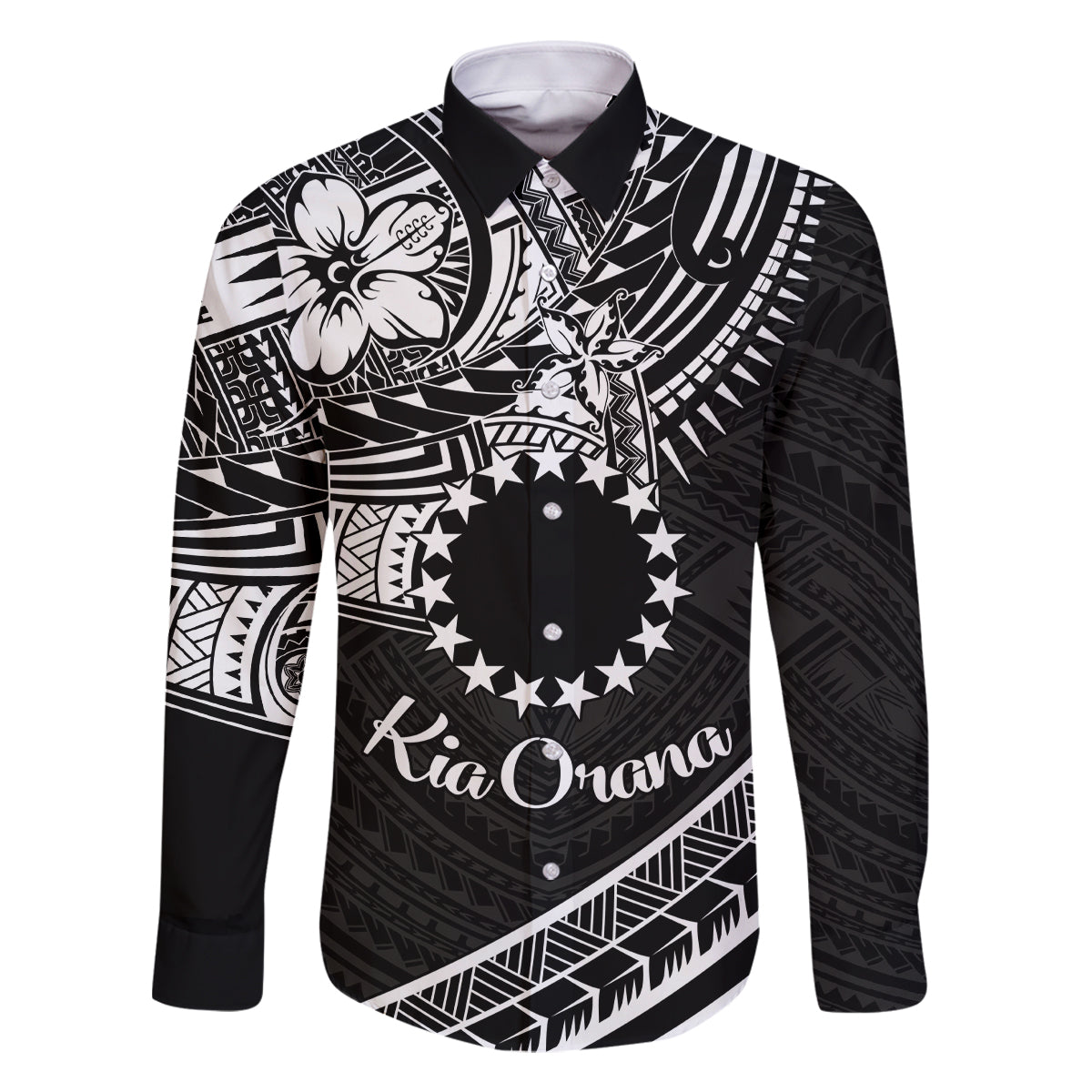 Kia Orana Cook Islands Family Matching Summer Maxi Dress and Hawaiian Shirt Circle Stars With Floral White Pattern LT01 Dad's Shirt - Long Sleeve Black - Polynesian Pride