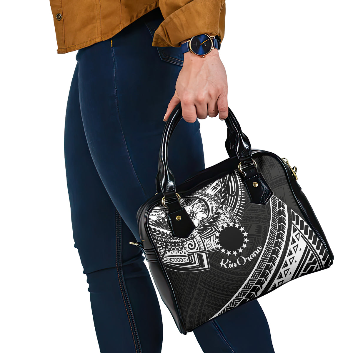 Kia Orana Cook Islands Shoulder Handbag Circle Stars With Floral White Pattern LT01 - Polynesian Pride