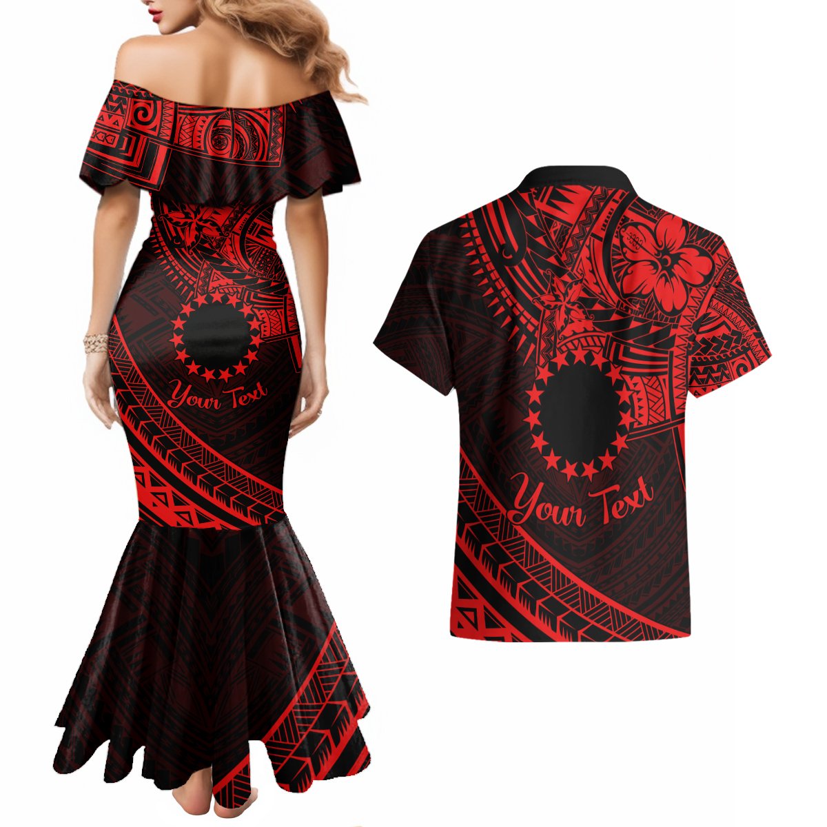Kia Orana Cook Islands Couples Matching Mermaid Dress and Hawaiian Shirt Circle Stars With Floral Red Pattern LT01 - Polynesian Pride