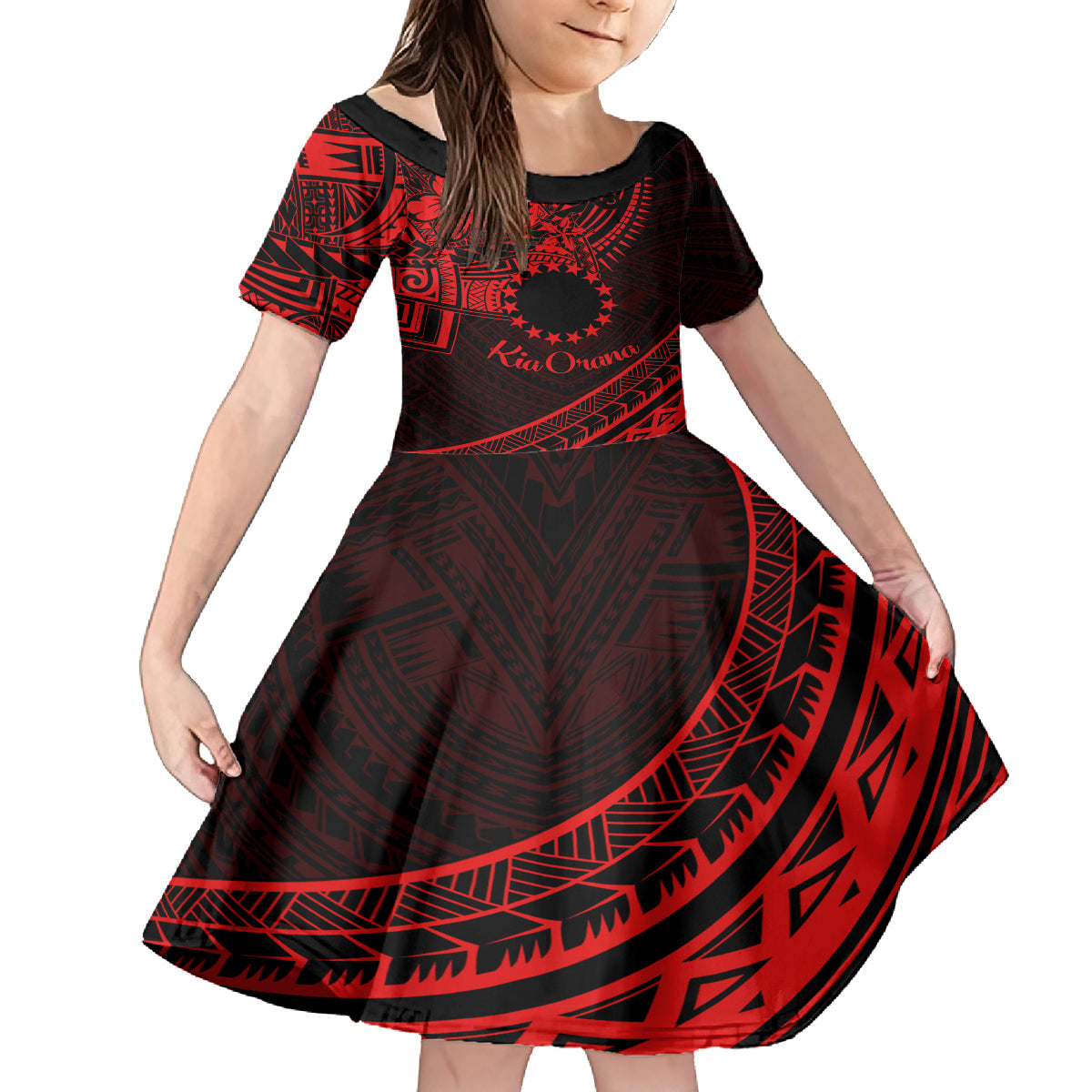 Kia Orana Cook Islands Family Matching Summer Maxi Dress and Hawaiian Shirt Circle Stars With Floral Red Pattern LT01 Daughter's Dress Red - Polynesian Pride