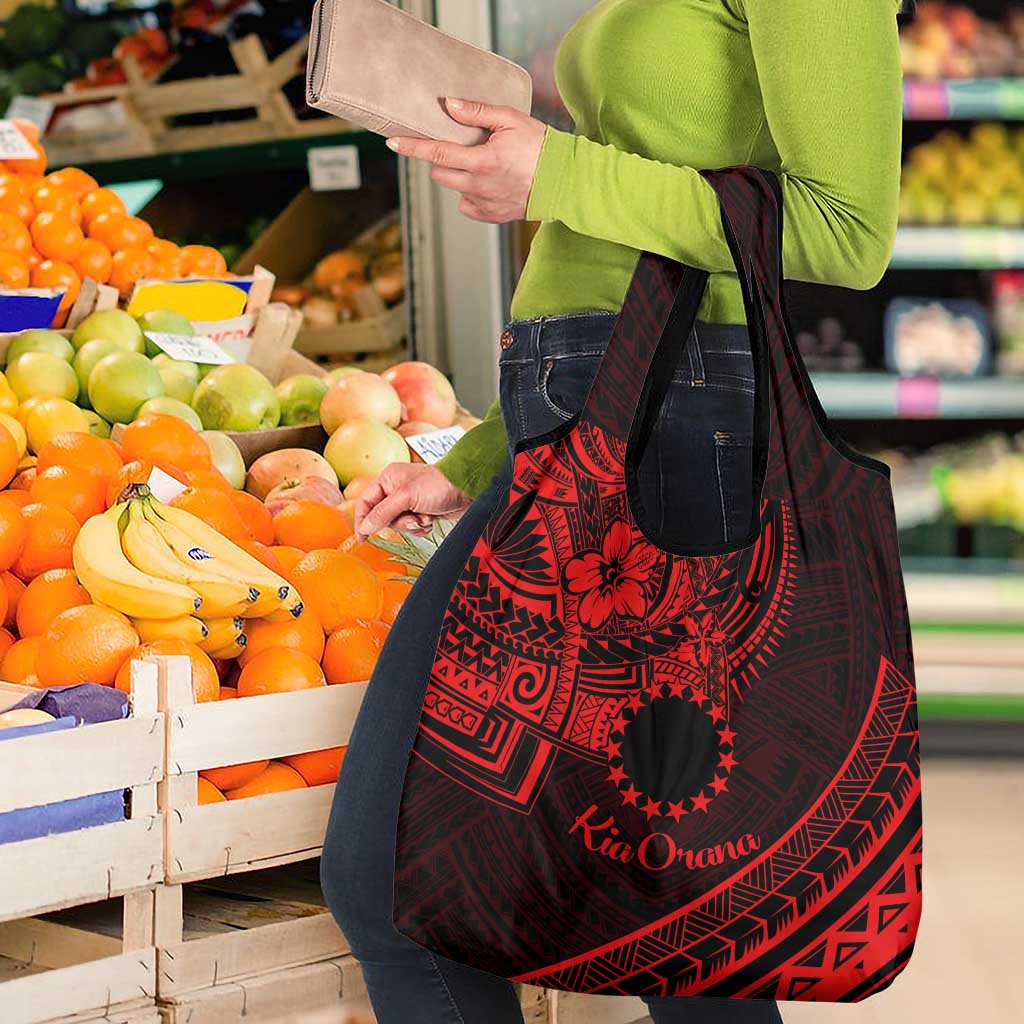 Kia Orana Cook Islands Grocery Bag Circle Stars With Floral Red Pattern