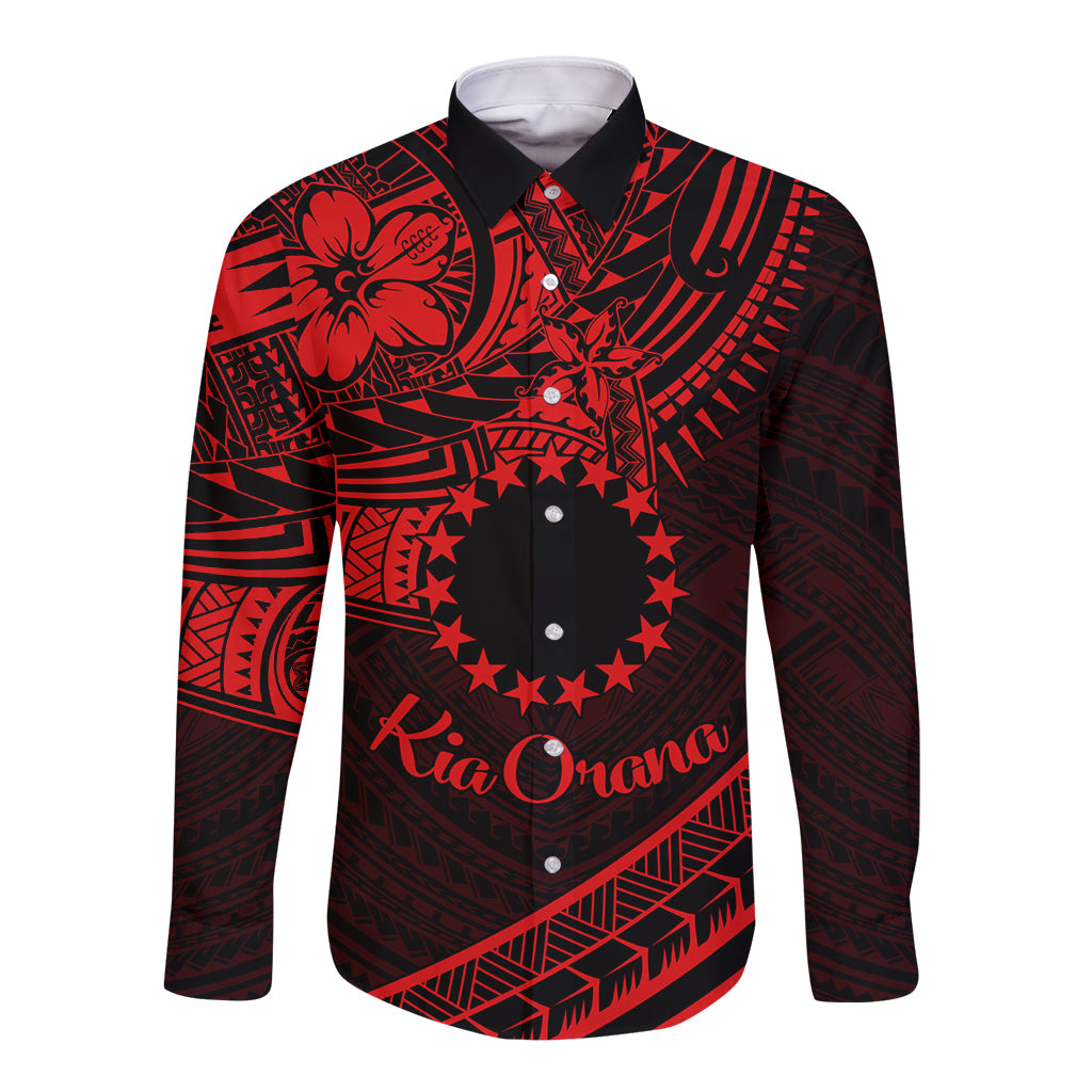 Kia Orana Cook Islands Long Sleeve Button Shirt Circle Stars With Floral Red Pattern LT01 Unisex Red - Polynesian Pride