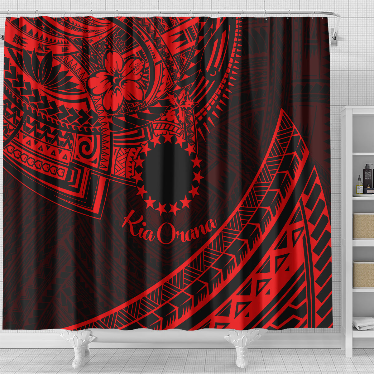 Kia Orana Cook Islands Shower Curtain Circle Stars With Floral Red Pattern LT01 - Polynesian Pride