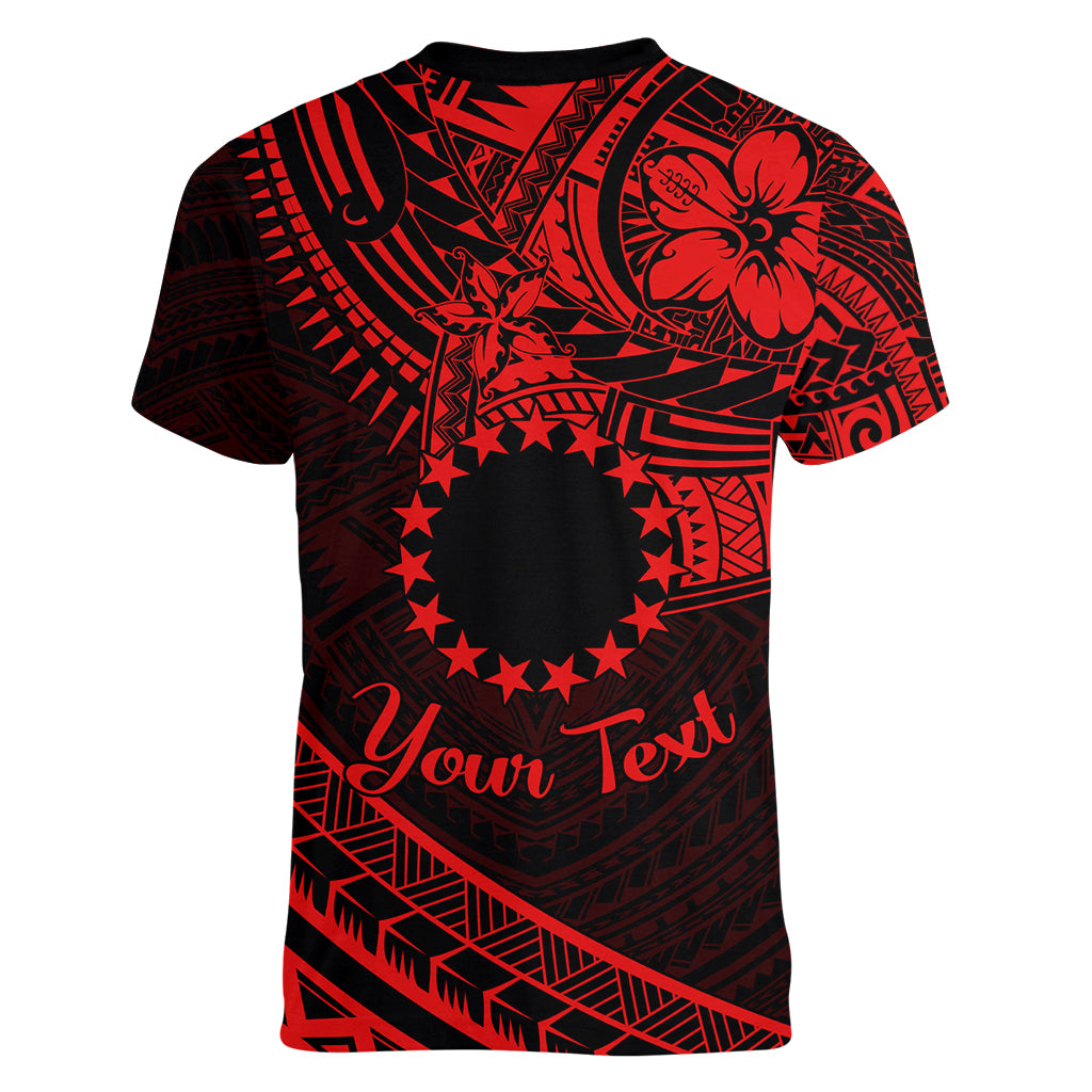 Kia Orana Cook Islands Women V Neck T Shirt Circle Stars With Floral Red Pattern LT01 - Polynesian Pride