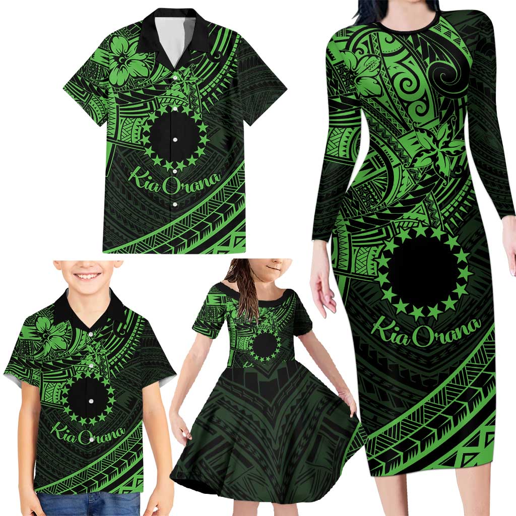 Kia Orana Cook Islands Family Matching Long Sleeve Bodycon Dress and Hawaiian Shirt Circle Stars With Floral Green Pattern LT01 - Polynesian Pride