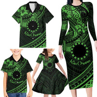 Kia Orana Cook Islands Family Matching Long Sleeve Bodycon Dress and Hawaiian Shirt Circle Stars With Floral Green Pattern LT01 - Polynesian Pride