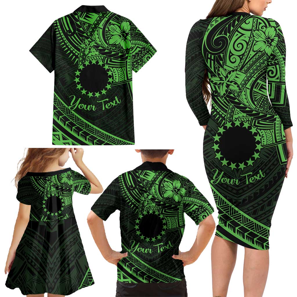 Kia Orana Cook Islands Family Matching Long Sleeve Bodycon Dress and Hawaiian Shirt Circle Stars With Floral Green Pattern LT01 - Polynesian Pride