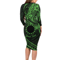 Kia Orana Cook Islands Family Matching Long Sleeve Bodycon Dress and Hawaiian Shirt Circle Stars With Floral Green Pattern LT01 - Polynesian Pride