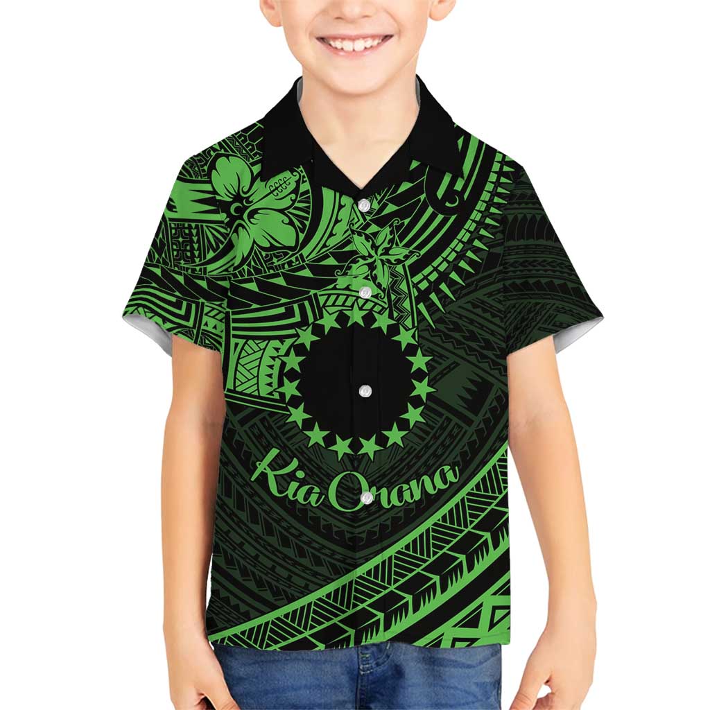 Kia Orana Cook Islands Family Matching Long Sleeve Bodycon Dress and Hawaiian Shirt Circle Stars With Floral Green Pattern LT01 Son's Shirt Green - Polynesian Pride