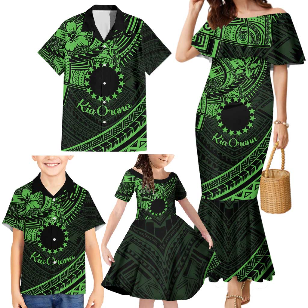 Kia Orana Cook Islands Family Matching Mermaid Dress and Hawaiian Shirt Circle Stars With Floral Green Pattern LT01 - Polynesian Pride
