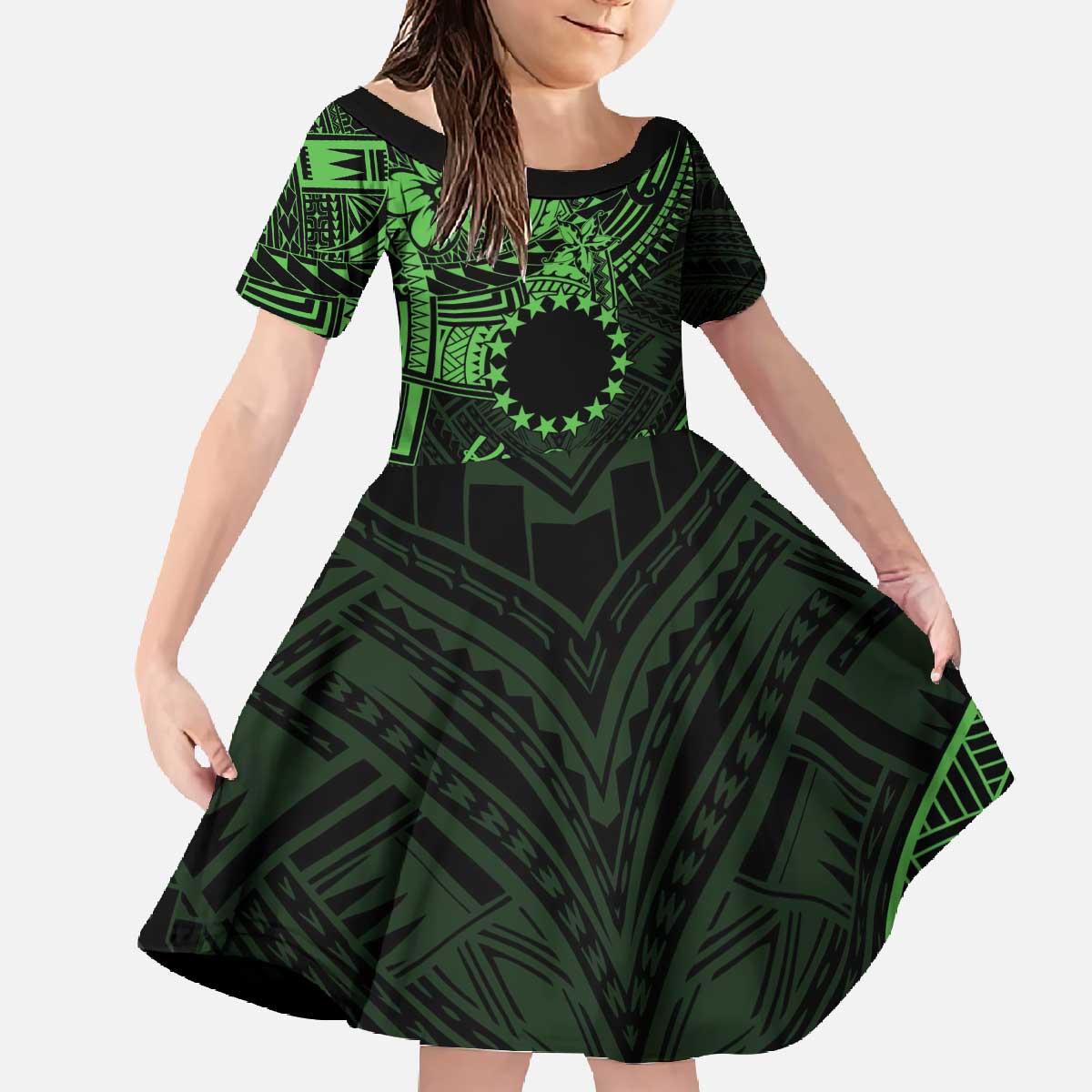 Kia Orana Cook Islands Family Matching Off Shoulder Long Sleeve Dress and Hawaiian Shirt Circle Stars With Floral Green Pattern LT01 Daughter's Dress Green - Polynesian Pride