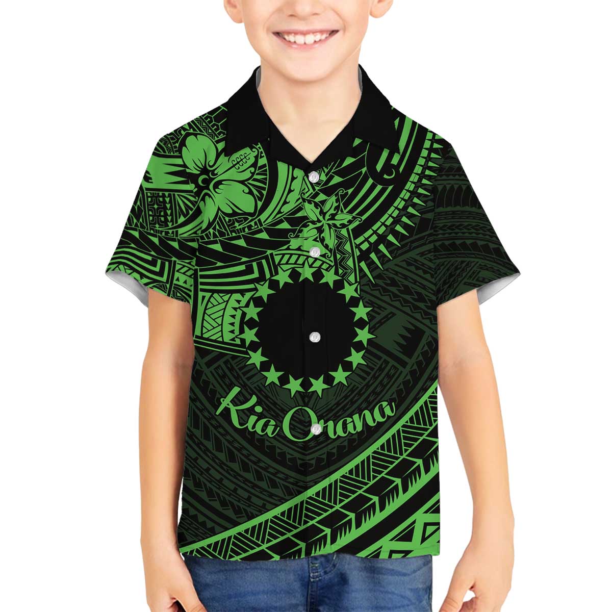Kia Orana Cook Islands Family Matching Off Shoulder Long Sleeve Dress and Hawaiian Shirt Circle Stars With Floral Green Pattern LT01 Son's Shirt Green - Polynesian Pride