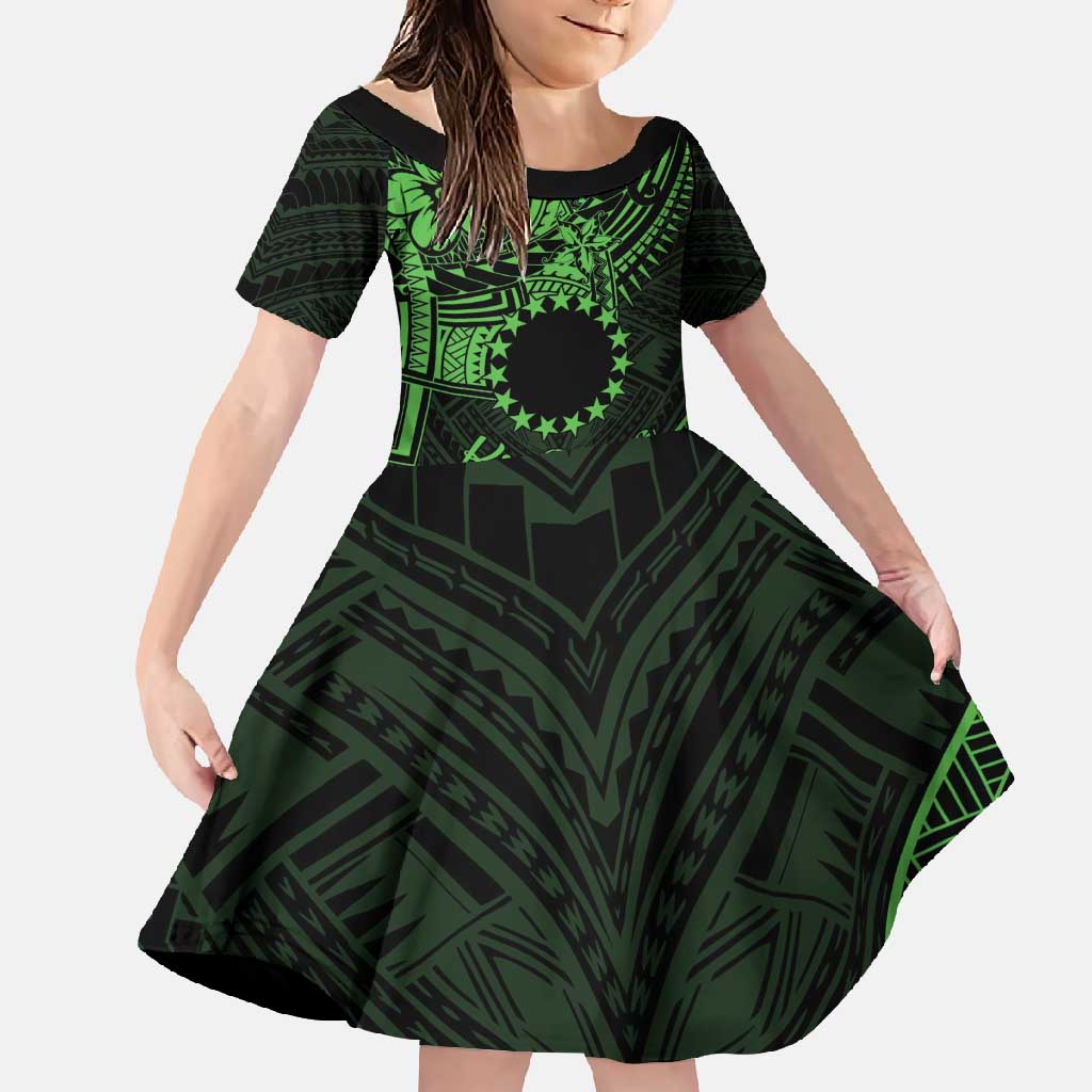 Kia Orana Cook Islands Family Matching Off Shoulder Maxi Dress and Hawaiian Shirt Circle Stars With Floral Green Pattern LT01 Daughter's Dress Green - Polynesian Pride
