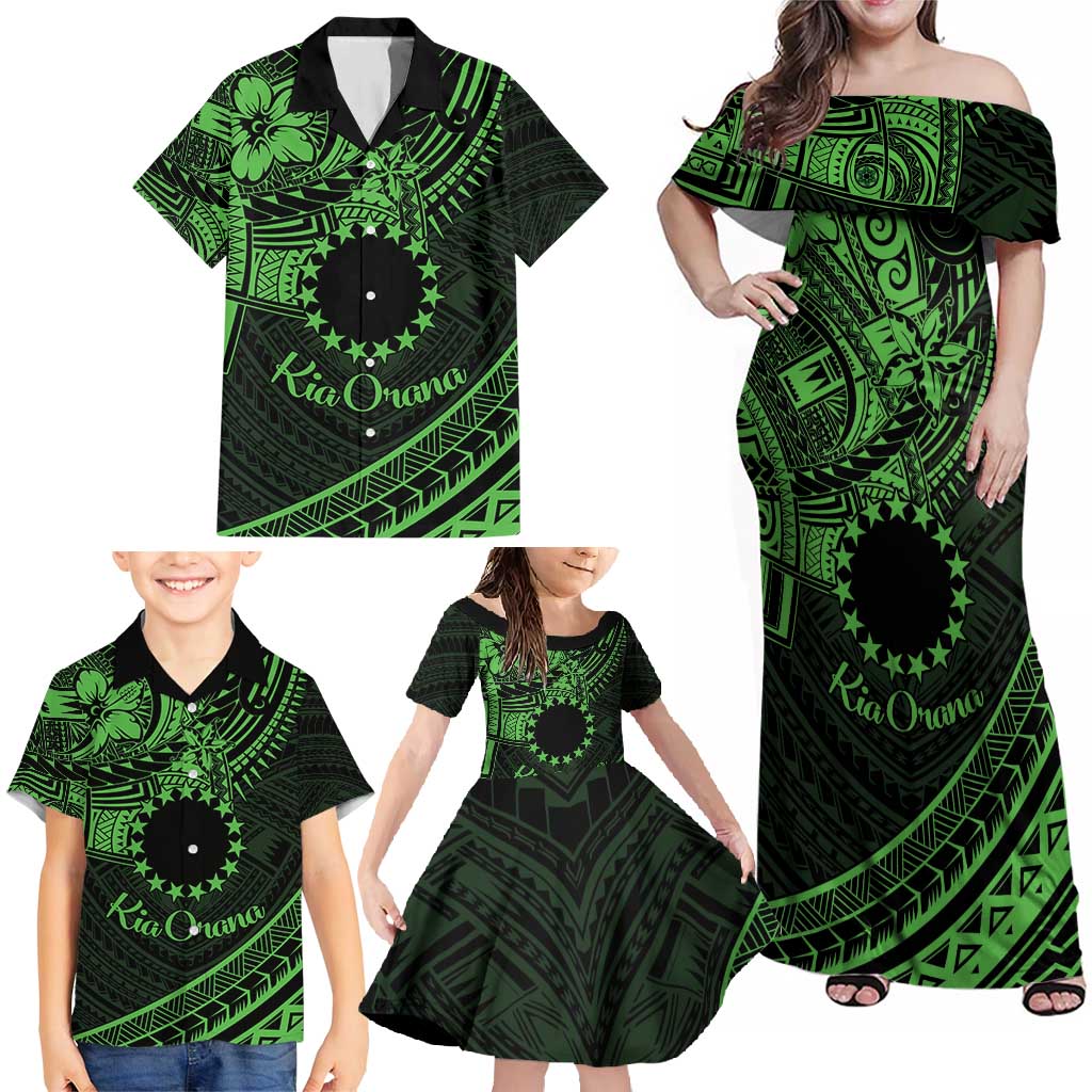 Kia Orana Cook Islands Family Matching Off Shoulder Maxi Dress and Hawaiian Shirt Circle Stars With Floral Green Pattern LT01 - Polynesian Pride
