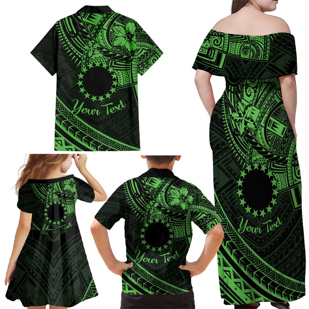 Kia Orana Cook Islands Family Matching Off Shoulder Maxi Dress and Hawaiian Shirt Circle Stars With Floral Green Pattern LT01 - Polynesian Pride