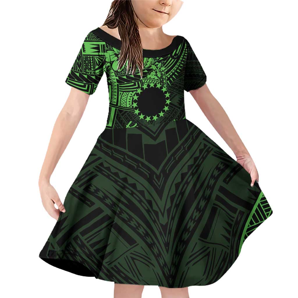 Kia Orana Cook Islands Family Matching Off Shoulder Short Dress and Hawaiian Shirt Circle Stars With Floral Green Pattern LT01 Daughter's Dress Green - Polynesian Pride
