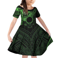Kia Orana Cook Islands Family Matching Off Shoulder Short Dress and Hawaiian Shirt Circle Stars With Floral Green Pattern LT01 Daughter's Dress Green - Polynesian Pride