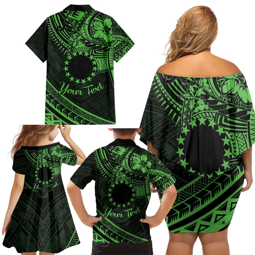 Kia Orana Cook Islands Family Matching Off Shoulder Short Dress and Hawaiian Shirt Circle Stars With Floral Green Pattern LT01 - Polynesian Pride