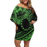 Kia Orana Cook Islands Family Matching Off Shoulder Short Dress and Hawaiian Shirt Circle Stars With Floral Green Pattern LT01 Mom's Dress Green - Polynesian Pride