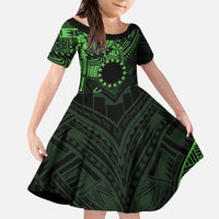 Kia Orana Cook Islands Family Matching Puletasi Dress and Hawaiian Shirt Circle Stars With Floral Green Pattern LT01 Daughter's Dress Green - Polynesian Pride