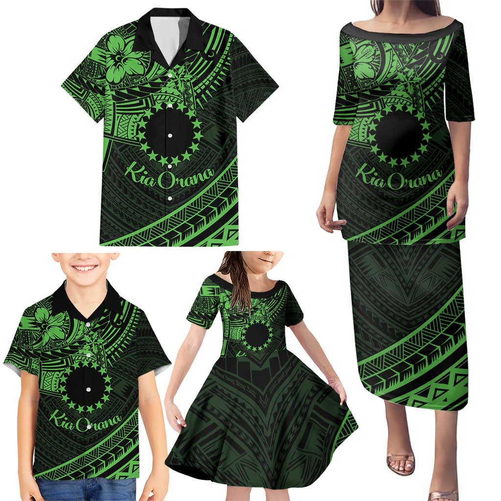 Kia Orana Cook Islands Family Matching Puletasi Dress and Hawaiian Shirt Circle Stars With Floral Green Pattern LT01 - Polynesian Pride