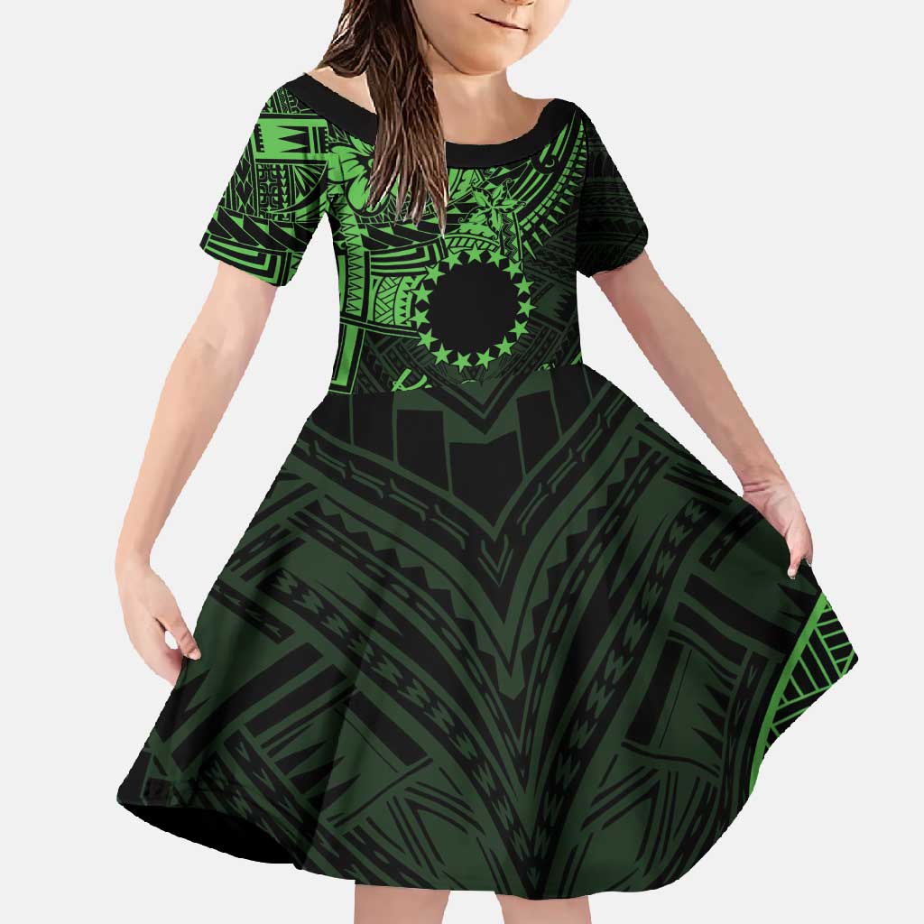 Kia Orana Cook Islands Family Matching Short Sleeve Bodycon Dress and Hawaiian Shirt Circle Stars With Floral Green Pattern LT01 Daughter's Dress Green - Polynesian Pride