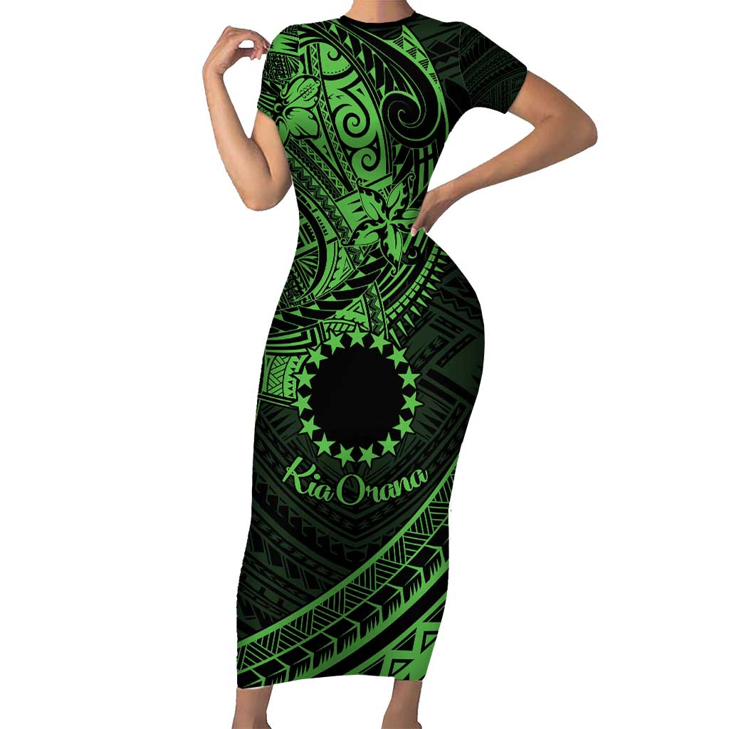 Kia Orana Cook Islands Family Matching Short Sleeve Bodycon Dress and Hawaiian Shirt Circle Stars With Floral Green Pattern LT01 Mom's Dress Green - Polynesian Pride