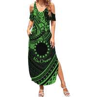 Kia Orana Cook Islands Family Matching Summer Maxi Dress and Hawaiian Shirt Circle Stars With Floral Green Pattern LT01 Mom's Dress Green - Polynesian Pride