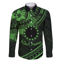 Kia Orana Cook Islands Family Matching Tank Maxi Dress and Hawaiian Shirt Circle Stars With Floral Green Pattern LT01 Dad's Shirt - Long Sleeve Green - Polynesian Pride