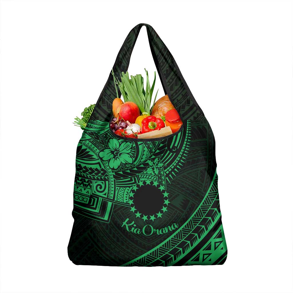 Kia Orana Cook Islands Grocery Bag Circle Stars With Floral Green Pattern