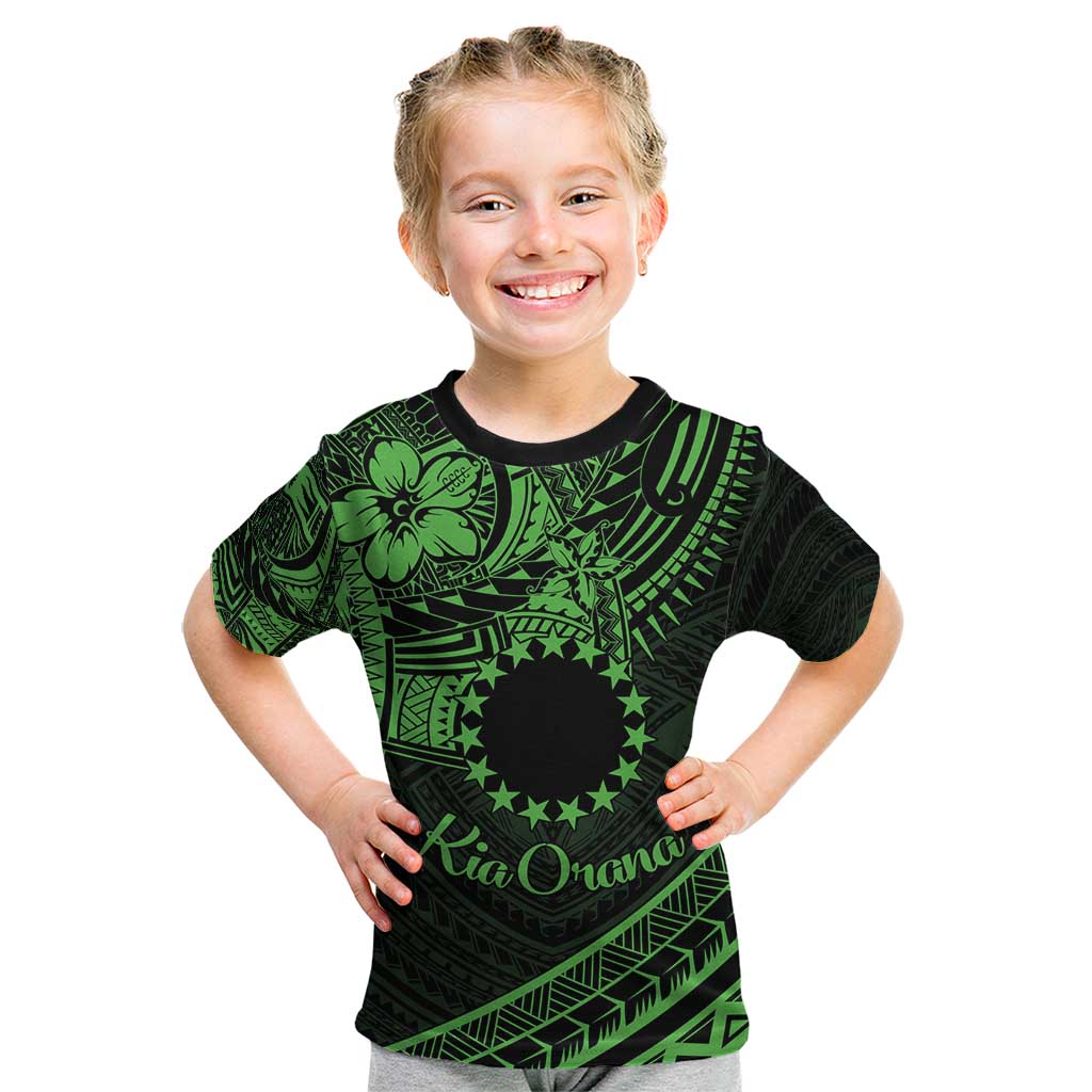Kia Orana Cook Islands Kid T Shirt Circle Stars With Floral Green Pattern LT01