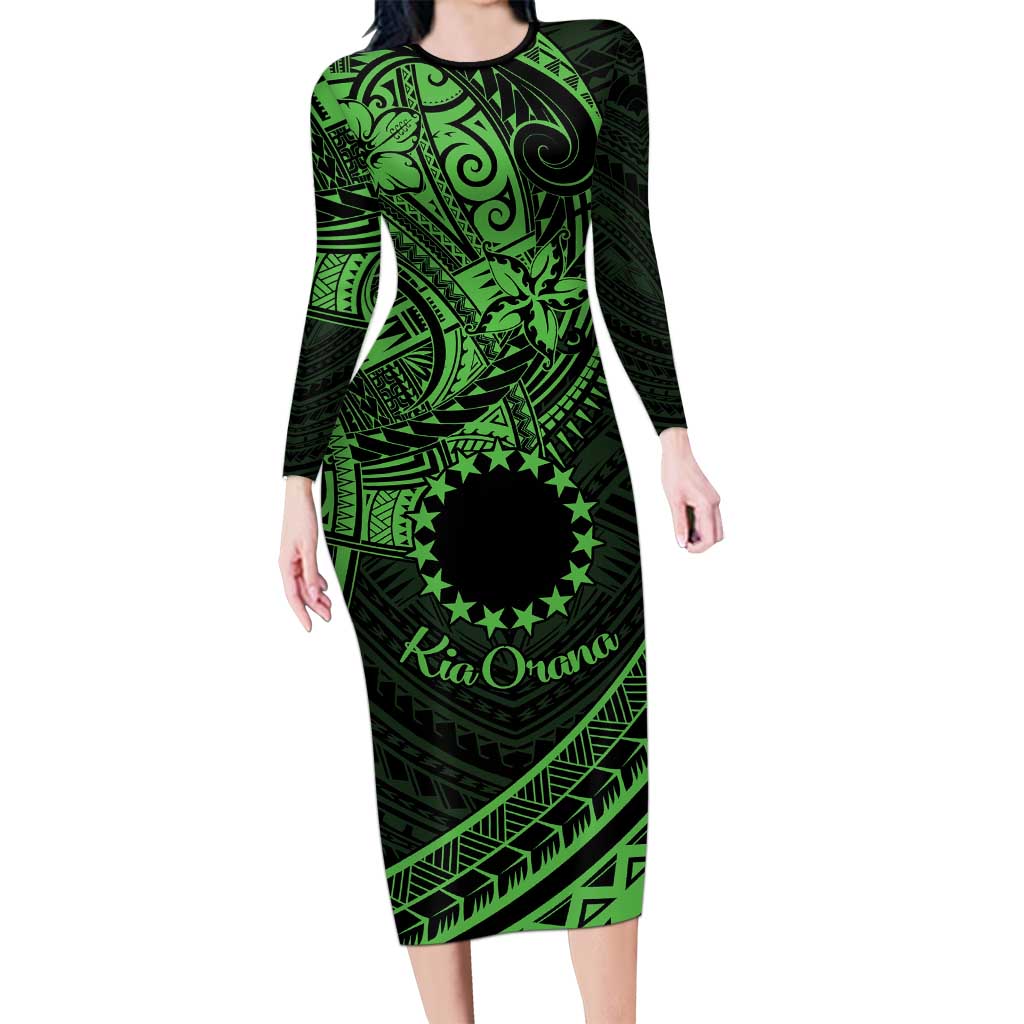 Kia Orana Cook Islands Long Sleeve Bodycon Dress Circle Stars With Floral Green Pattern LT01