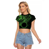 Kia Orana Cook Islands Raglan Cropped T Shirt Circle Stars With Floral Green Pattern LT01
