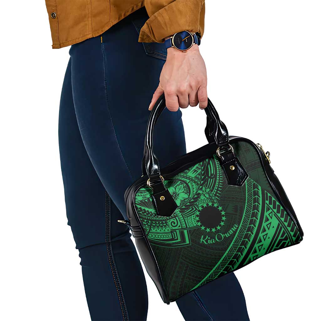 Kia Orana Cook Islands Shoulder Handbag Circle Stars With Floral Green Pattern LT01