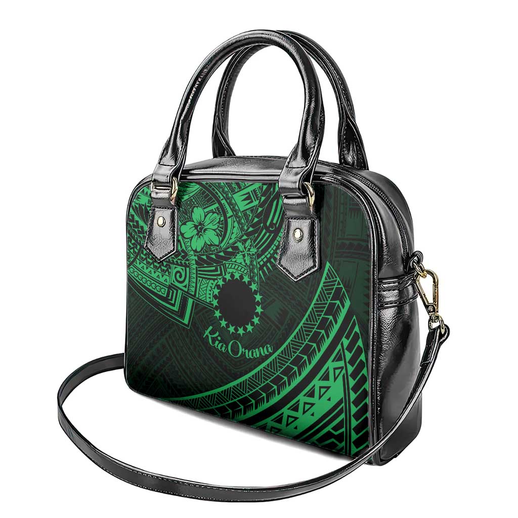 Kia Orana Cook Islands Shoulder Handbag Circle Stars With Floral Green Pattern LT01