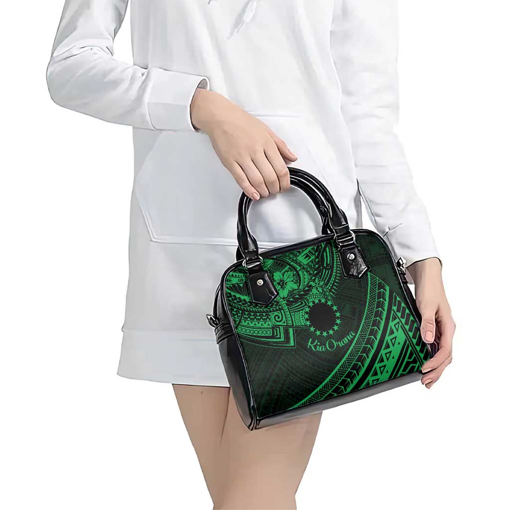Kia Orana Cook Islands Shoulder Handbag Circle Stars With Floral Green Pattern LT01