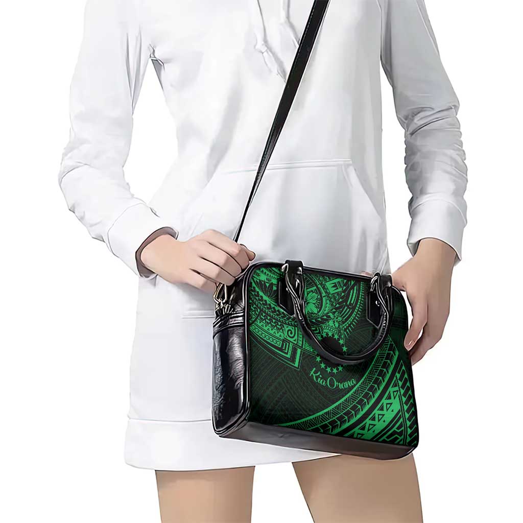 Kia Orana Cook Islands Shoulder Handbag Circle Stars With Floral Green Pattern LT01