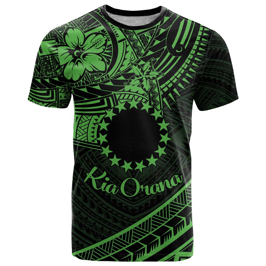 Kia Orana Cook Islands T Shirt Circle Stars With Floral Green Pattern LT01
