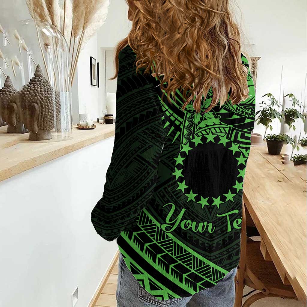Kia Orana Cook Islands Women Casual Shirt Circle Stars With Floral Green Pattern LT01