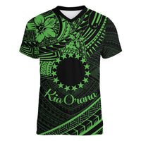 Kia Orana Cook Islands Women V Neck T Shirt Circle Stars With Floral Green Pattern LT01