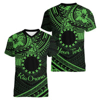 Kia Orana Cook Islands Women V Neck T Shirt Circle Stars With Floral Green Pattern LT01
