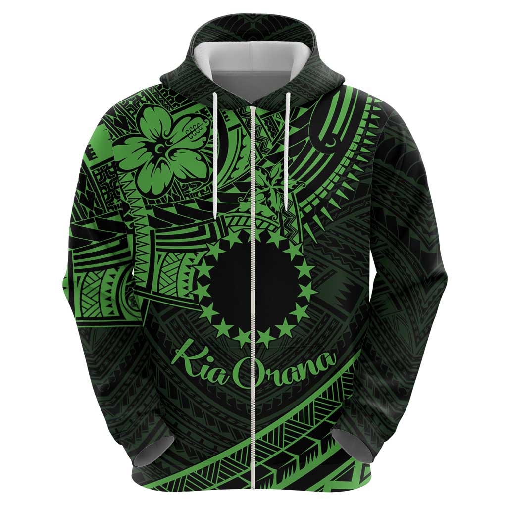 Kia Orana Cook Islands Zip Hoodie Circle Stars With Floral Green Pattern LT01 - Polynesian Pride