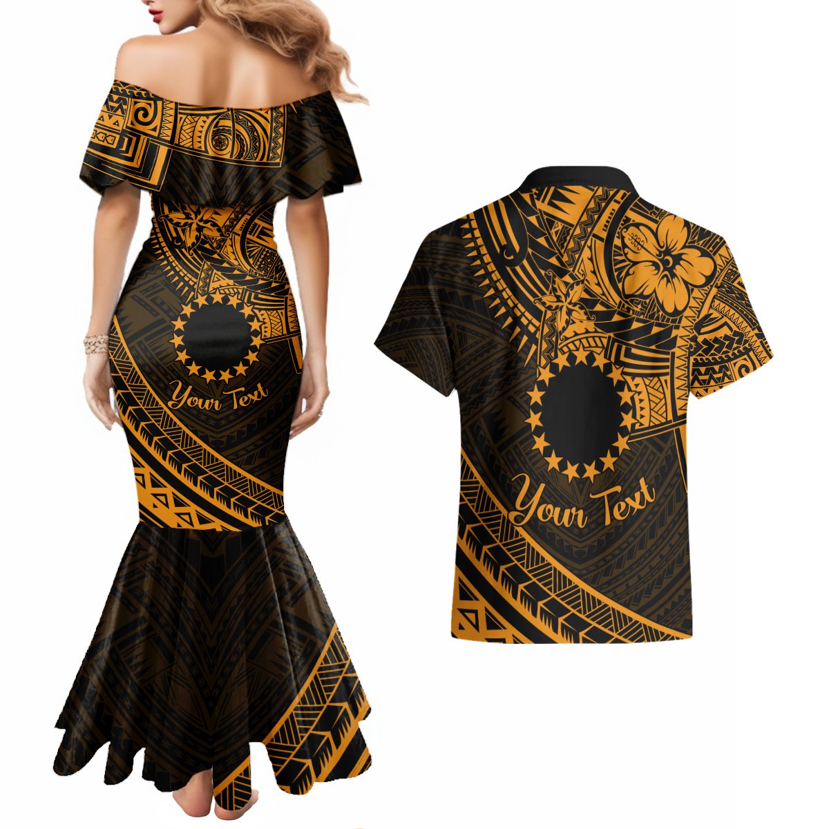 Kia Orana Cook Islands Couples Matching Mermaid Dress and Hawaiian Shirt Circle Stars With Floral Gold Pattern LT01 - Polynesian Pride