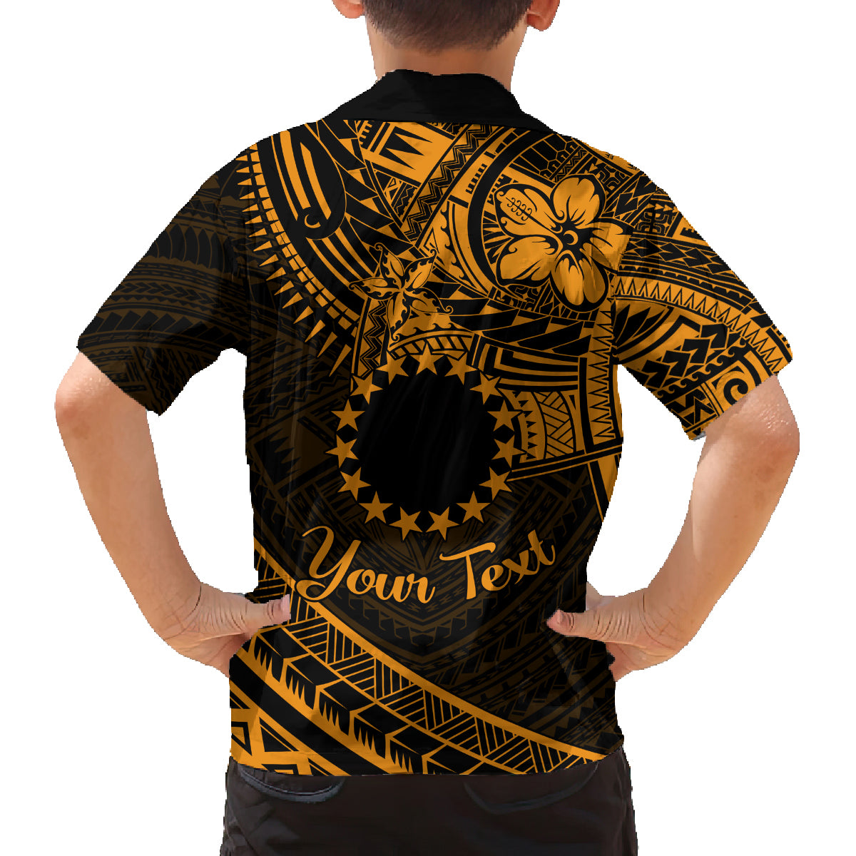Kia Orana Cook Islands Family Matching Long Sleeve Bodycon Dress and Hawaiian Shirt Circle Stars With Floral Gold Pattern LT01 - Polynesian Pride