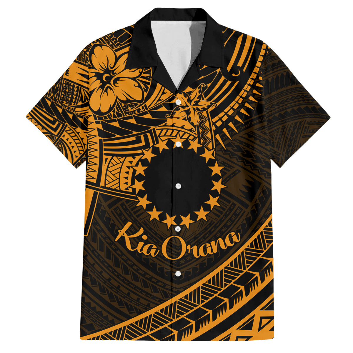 Kia Orana Cook Islands Family Matching Tank Maxi Dress and Hawaiian Shirt Circle Stars With Floral Gold Pattern LT01 Dad's Shirt - Short Sleeve Gold - Polynesian Pride